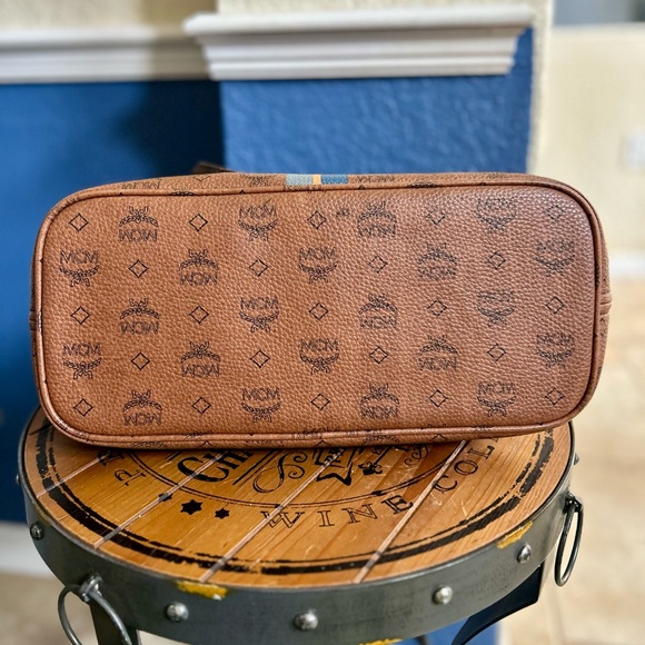 MCM Visetos Dog Bone Striped Shopper Tote Bag Cognac Brown & Blue - Picture 13 of 16